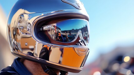Fototapeta premium Motorcycle helmet with reflective visor, outdoor setting.