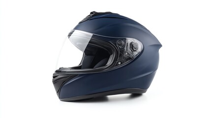 Fototapeta premium Navy blue motorcycle helmet with visor on white isolate background