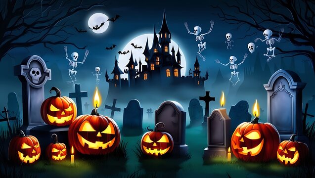 Experience the enchanting eeriness of Halloween night with this captivating scene set in a spooky graveyard. Scary carved pumpkins flicker with warm candlelight, illuminating shadowy tombstones.