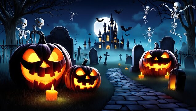 Experience the enchanting eeriness of Halloween night with this captivating scene set in a spooky graveyard. Scary carved pumpkins flicker with warm candlelight, illuminating shadowy tombstones.