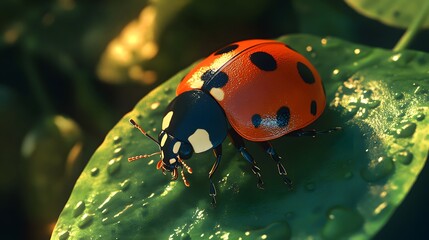 Obraz premium Close-Up of a Vibrant Ladybug on a Dew-Covered Leaf in a Sunlit Garden