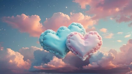 Fototapeta premium Colorful Heart-Shaped Clouds Floating Gracefully in a Dreamy Sunset Sky Filled With Pastel Hues and Soft Lighting