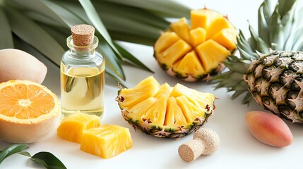 Pineapple, orange, and oil on a white isolate background.