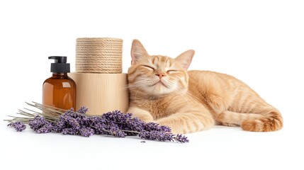 Relaxed cat with lavender and beauty products, white isolate background.