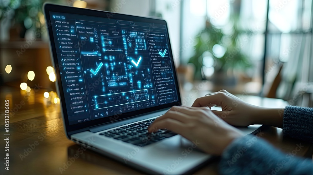 Poster person using laptop with check mark icon floating on the screen while filling out an online form.