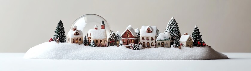 Snowy winter village scene with miniature houses and trees.