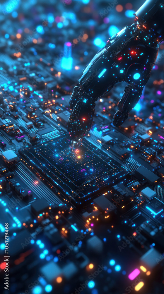 Poster a hand is reaching out to touch a computer chip. the image is a colorful, futuristic cityscape with 