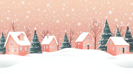 Fototapeta premium Winter Wonderland Village Pink Houses Snow Falling Christmas Trees
