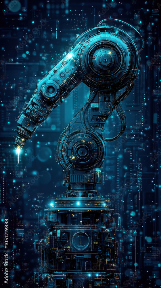 Poster a robot is shown in a futuristic city with a glowing blue light. the robot is surrounded by a lot of