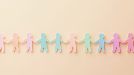 Teamwork and helping concept with paper chain cutout people holding hands on pastel yellow background. Generative AI