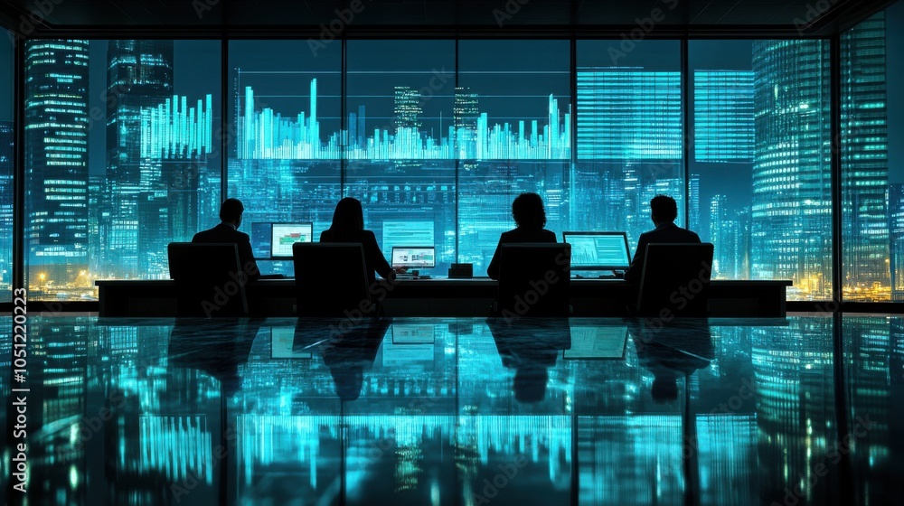 Poster a group of people are sitting in front of a computer screen in a room with a cit. generative ai