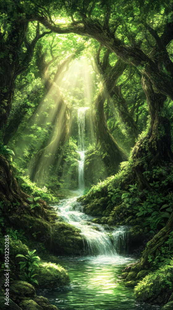 Poster a lush green forest with a stream running through it. the sunlight is shining through the trees, cre