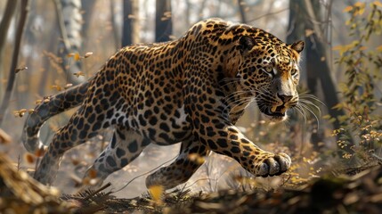 A leopard runs in the forest ready to attack its prey.