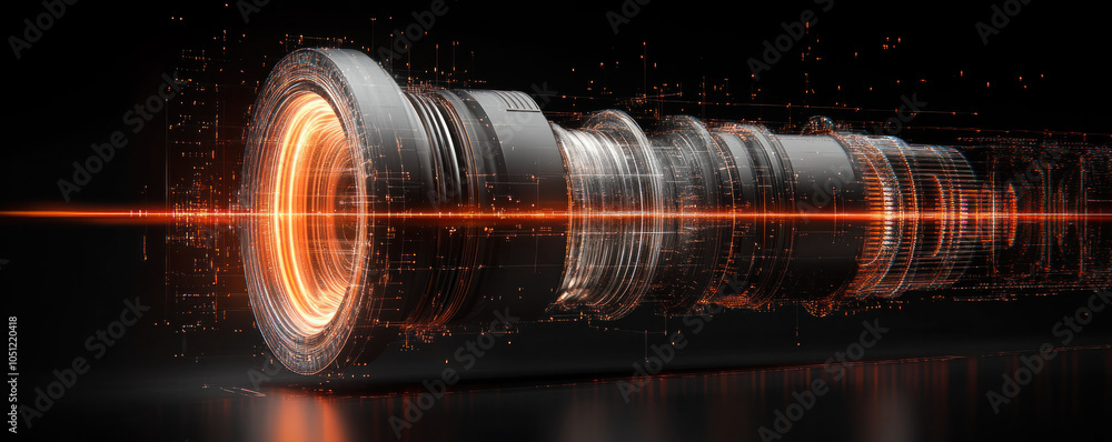 Poster a futuristic looking object with a glowing orange line. the object is surrounded by a black backgrou