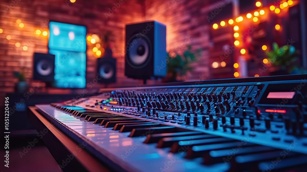 Poster professional music studio equipped with modern recording gear, featuring mix of instruments and digi