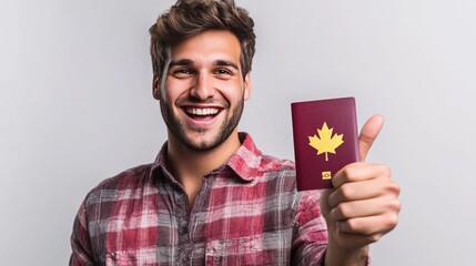 Young man with Canadian passport smiles and thumbs-up.