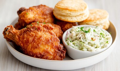 Delicious Comfort Food Fried Chicken with Coleslaw and Biscuits for Thanksgiving and Christmas