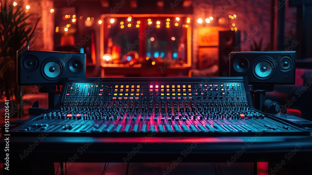 Poster professional music studio featuring mixing console and monitors, with dark color scheme and bright l