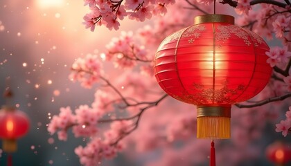 Fototapeta premium Chinese lanterns with cherry blossom background. 3D illustration