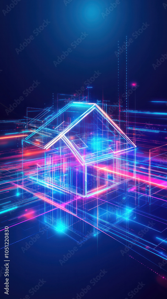 Poster a house is shown in a futuristic style with bright colors and a lot of lines. the house is surrounde