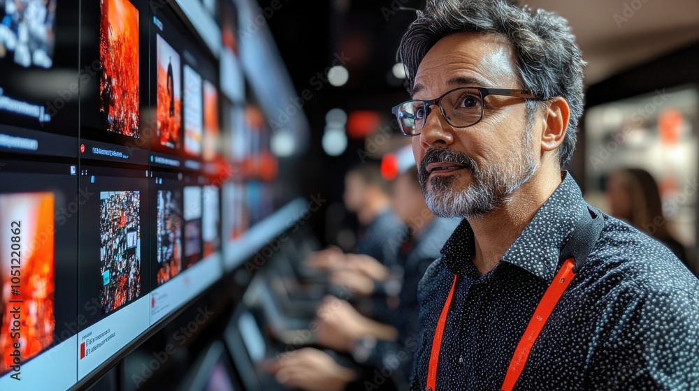 Poster a man is looking at a computer monitor with many pictures on it. generative ai