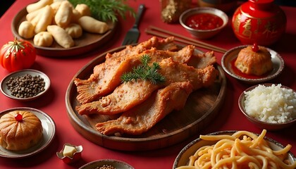 Chinese traditional food, fried pork cutlet on wooden plate over red background