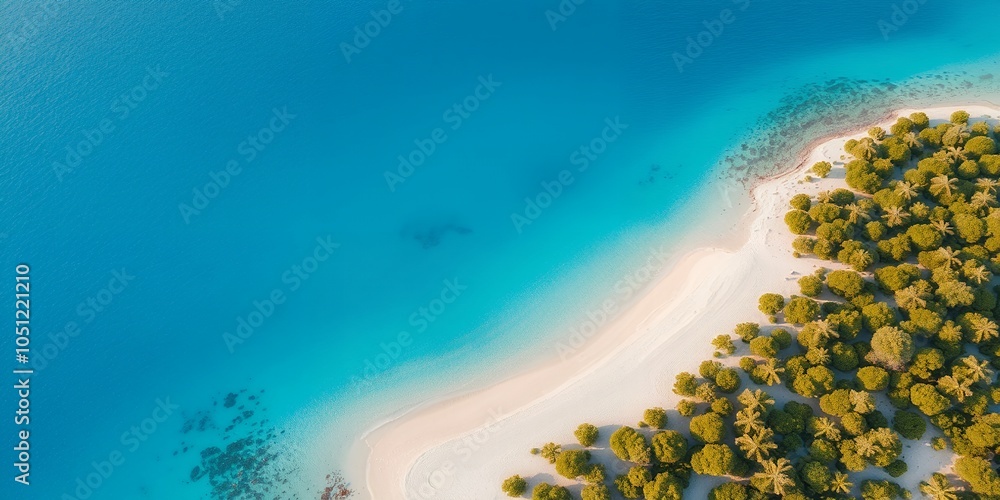 Wall mural Aerial view of a tropical island with white sand beach and turquoise water.