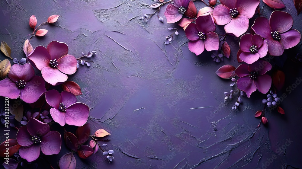 Poster purple background with lace-like floral patterns on one side, adding an elegant touch.illustration