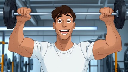 Fototapeta premium Happy Man Lifting Weights at Gym Fitness Motivation Exercise Workout Strength Training