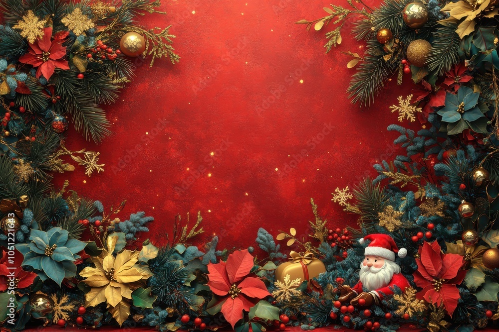 Poster a red background with a christmas tree and a santa claus. generative ai