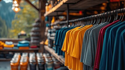 Fototapeta premium rack of colorful T-shirts with sports gear and outdoor equipment in the background, emphasizing active lifestyle fashion.stock photo