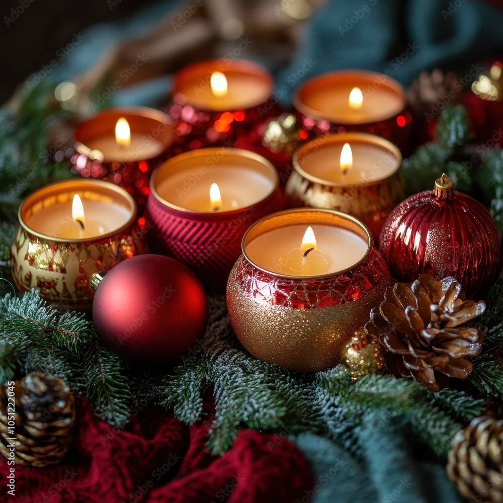 Poster a collection of red and gold candles are arranged on a table with a green cloth. generative ai