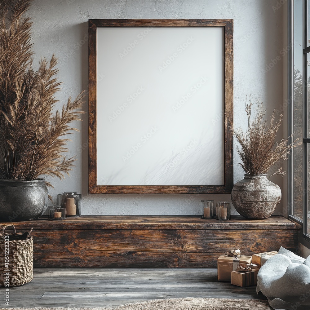 Poster a wooden frame with a white background and a vase of dried grass in the corner. generative ai