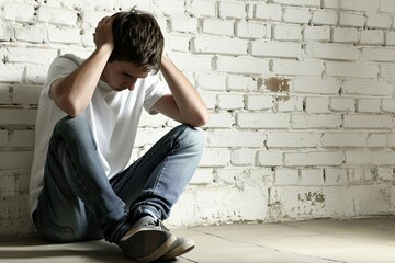 A young man sitting on the floor holding his head, displaying stress or sadness.