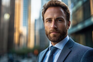 Fototapeta premium Confident businessman in a suit against an urban background.