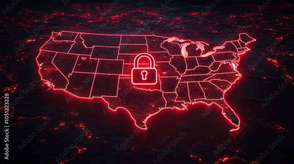Poster red light outline of the united states with an american flag and glowing padlock representing securi