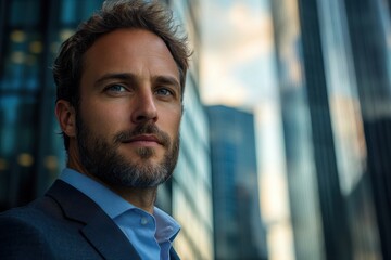 Obraz premium Confident businessman portrait, modern city background.
