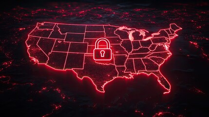 red light outline of the United States with an American flag and glowing padlock representing security.