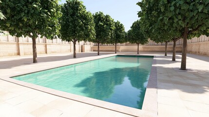 Fototapeta premium Tranquil Swimming Pool with Stone Wall and Lush Trees