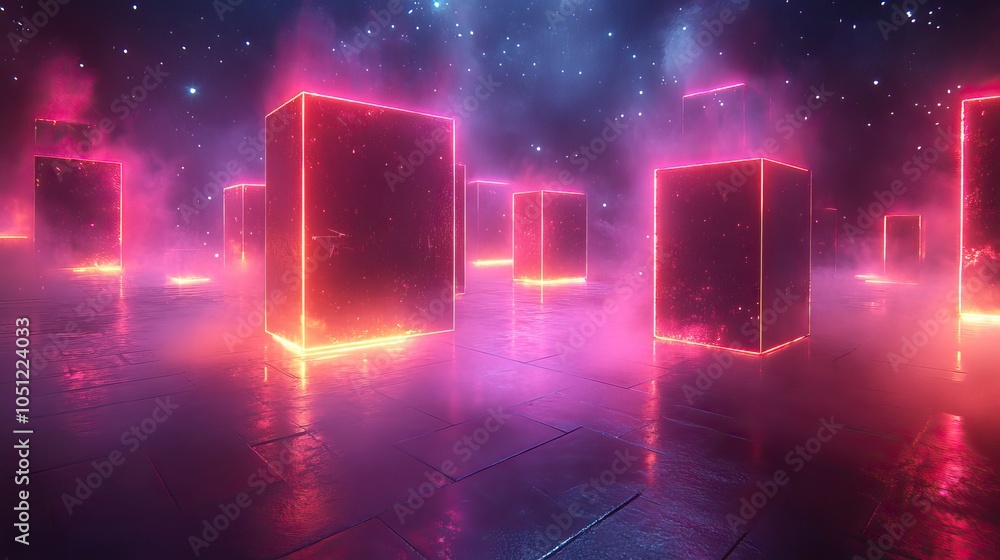 Poster retro 80s-style poster design featuring neon geometric shapes on black background, with vibrant colo