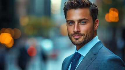 Fototapeta premium Confident man in a suit smiling against a blurred city background.