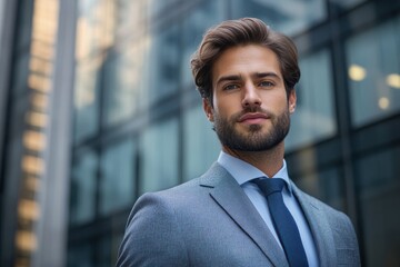 Fototapeta premium Confident man in a suit standing outside modern glass buildings.