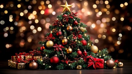 Festive Christmas tree with decorations and gifts.