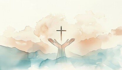 Watercolor painting of uplifted hands holding a cross against a spiritual background. Religious and spiritual concepts.