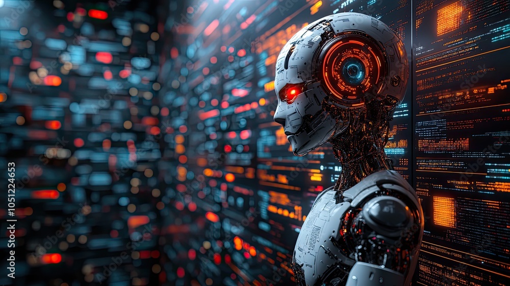 Poster robot AI head observing virtual dashboard from above podium, symbolizing supercomputing.illustration