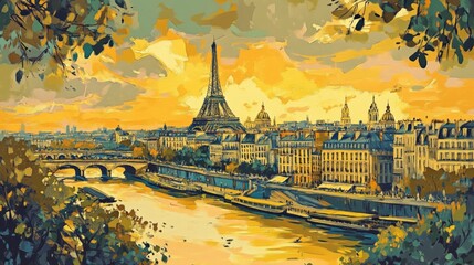 Paris view with golden sky