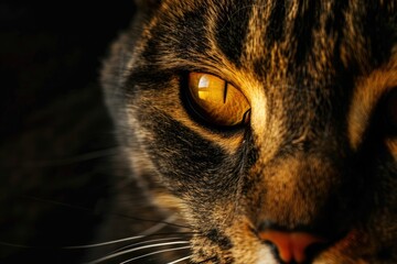 Detailed close-up view of a cat’s eye, capturing the intense golden color and sharp gaze in dim light.