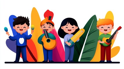 Happy Children Playing Musical Instruments Illustration