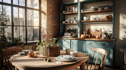 Fototapeta premium A cozy kitchen scene featuring wooden table set with plates and basket of fresh produce. sunlight streams through large windows, illuminating rustic decor and inviting atmosphere
