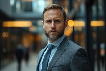 Obraz premium Professional man in suit looks confidently at the camera, modern office environment.